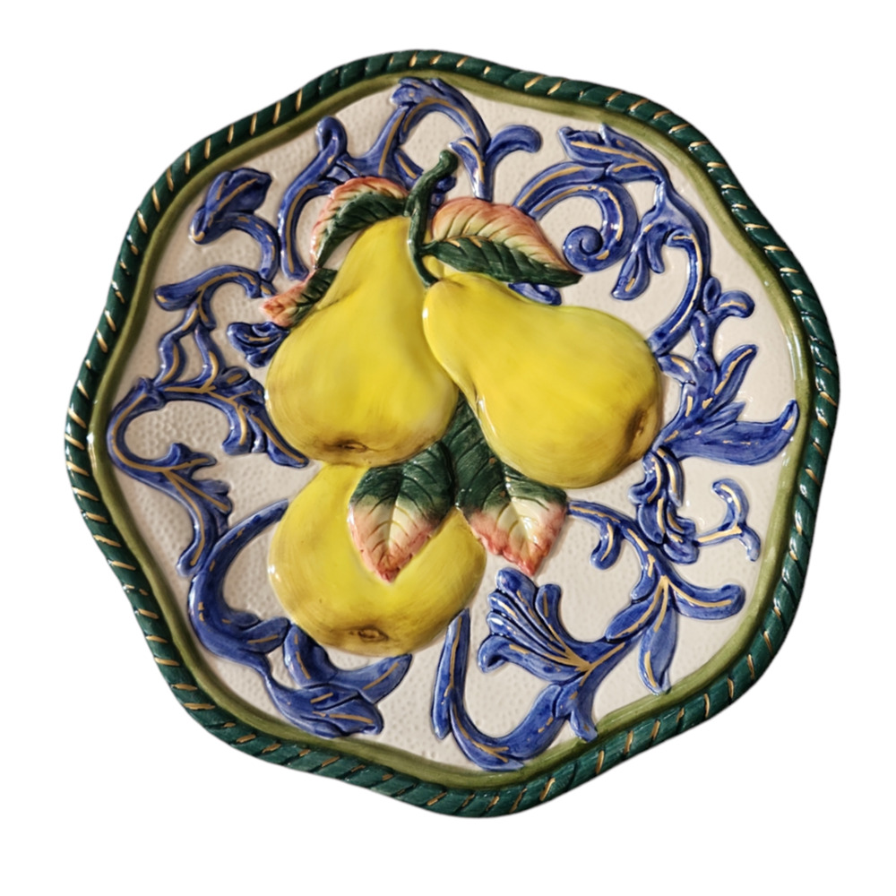 Fitz & Floyd Classics Decorative Fruit Plate Pears Blue Yellow Ceramic Raised